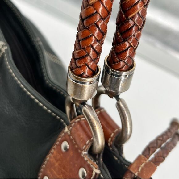 Fossil Black Pebbled Leather Purse with Brown Braided  Handles - Picture 9 of 10